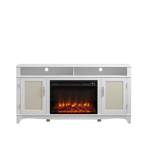 FESTIVO 63 in. Wooden TV Stand Electric Fireplace in White with Shaped Base for TVs up to 65 in.