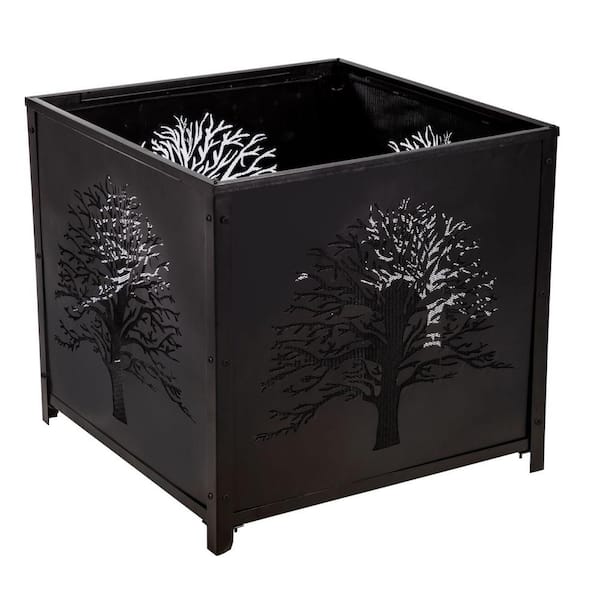 PLOW & HEARTH Tree of Life 24 in. x 26 in. Outdoor Black Metal Square Wood-Burning Fire Pit with Mesh Gating