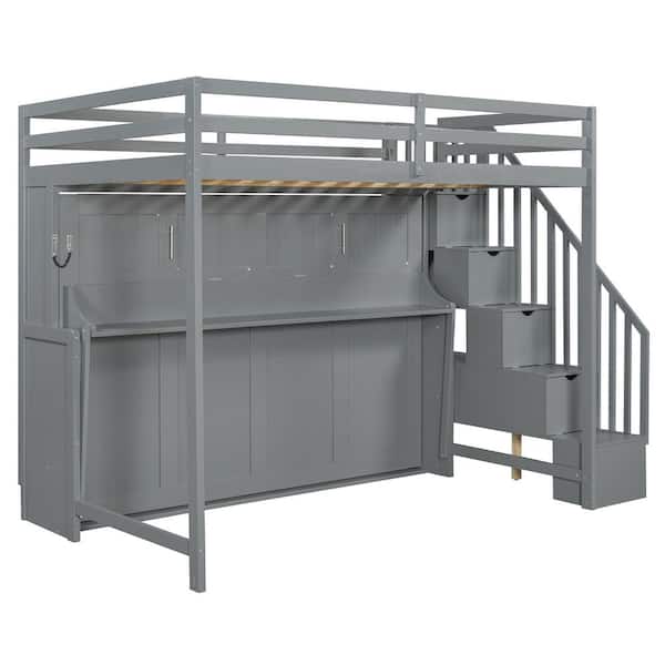 Gray Wood Frame Full Over Full Size Murphy Bed with Hydraulic Lift and Desk Design