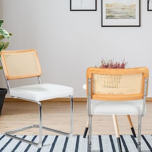 2-Piece Sliver Steel Outdoor Dining Chair with White Cushions, High-Density Sponge, Rattan Chair for Dining Room