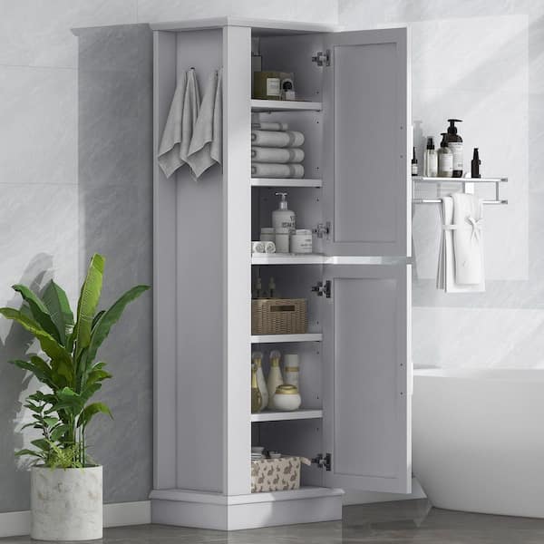Gray MDF Wood 68 in. Tall Bathroom Storage Cabinet with 2-Doors, Hook and Adjustable Shelves