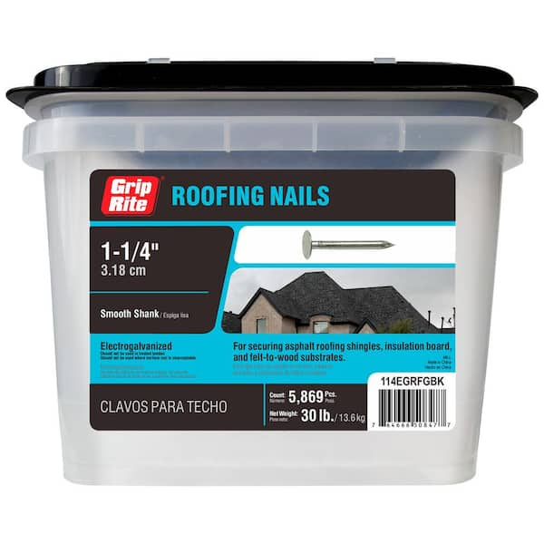 Grip-Rite #11 x 1-1/4 in. Electrogalvanized Flat Head Smooth Shank Roofing Nails 30 lb. Box