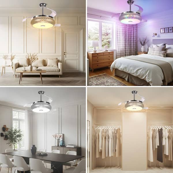 42 in. Indoor Modern Silver Retractable 4-Blade Crystal Ceiling Fan Chandelier with Remote Control and Light Kit