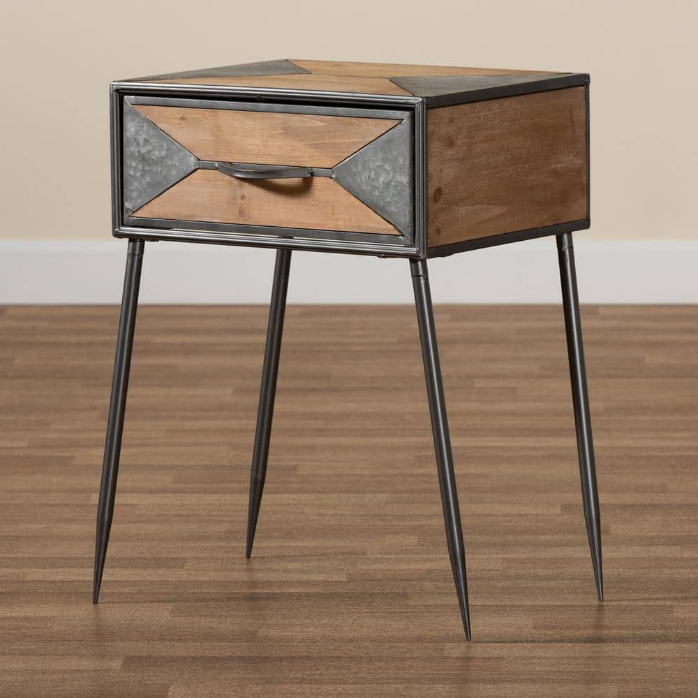 Antique Grey and Whitewashed Oak Industrial 1-Drawer Nightstand