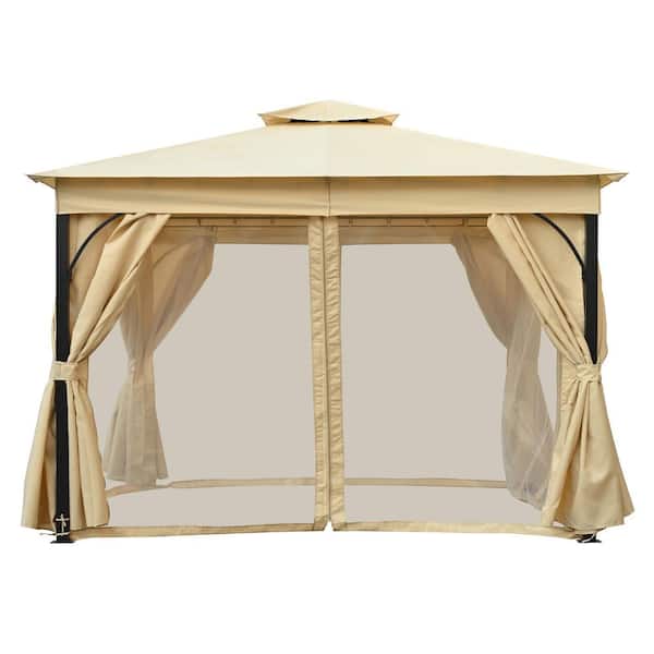 10 ft. x 12 ft. Beige Outdoor Gazebo Tent with Double Roofs and Mosquito Netting