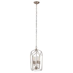 4-Light Brushed Nickel Lantern Pendant Light Farmhouse Square Cage Hanging Light Fixtures with Adjustable Chain