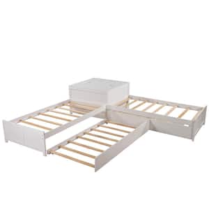 119.3 in. W L-shaped Platform Bed with Trundle and Drawers Linked with Built-in Flip Square Table, Twin - White
