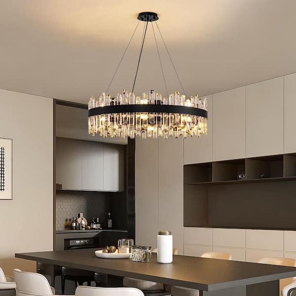 32 in. Modern 16-Light Black Crystal Chandelier Circle Round 2-Tiers Chandelier for Dining Living Room Bedroom