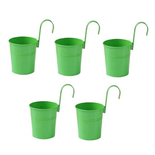 5 Pcs Hanging Flower Pots Metal Iron Bucket Planter Pot Metal Bucket Flower Holder with Hook Indoor Outdoor Decor, Green
