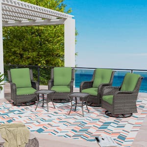 6-Piece Wicker Patio Conversation Set Swivel Rocking Chairs with Green Cushions