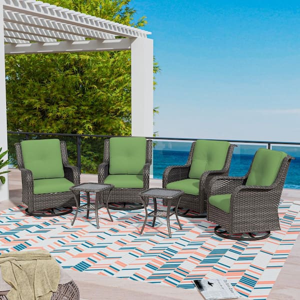 6-Piece Swivel Wicker Patio Conversation Set Rocking Chairs with Green Cushions