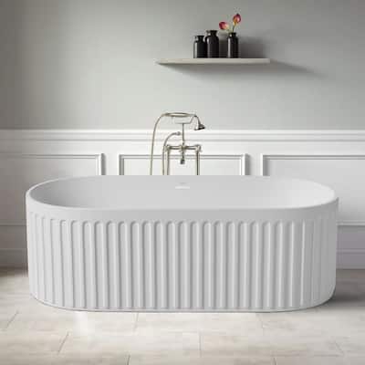67 in. Stone Resin Flatbottom Solid Surface Striped Freestanding Soaking Bathtub in White with Brass Drain