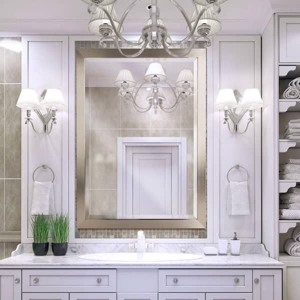 34 in. W x 44 in. H Framed Rectangular Beveled Edge Bathroom Vanity Mirror in Brush Nickel