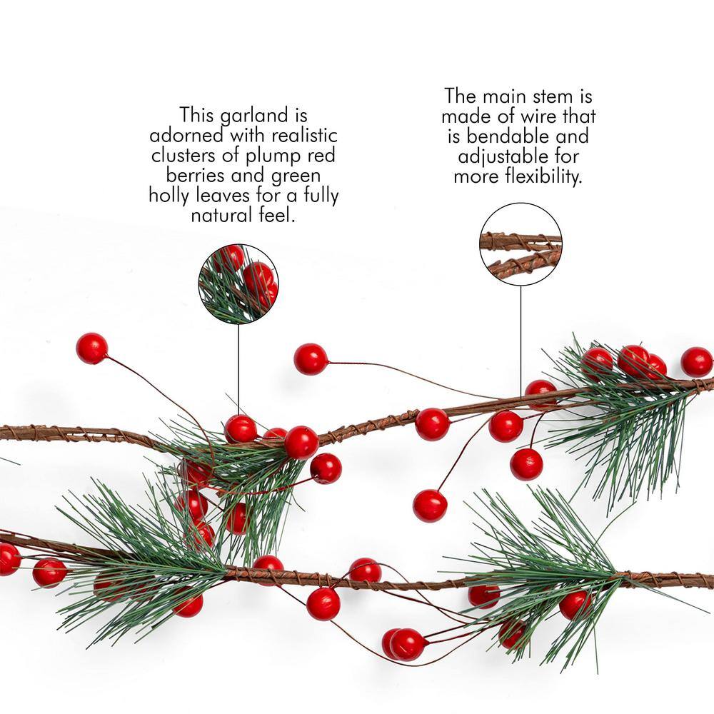 Festive Pine Needle and Berry Outdoor Garland - 6 ft
