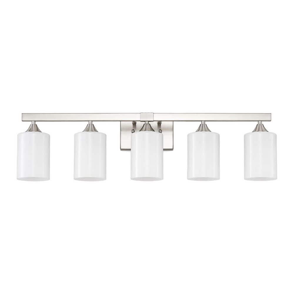 29.92 in. 5 Light Silver Metal Wall Sconce Vanity Light with Milky White Frosted Glass Cylinder Shade price history on PriceWatchPro