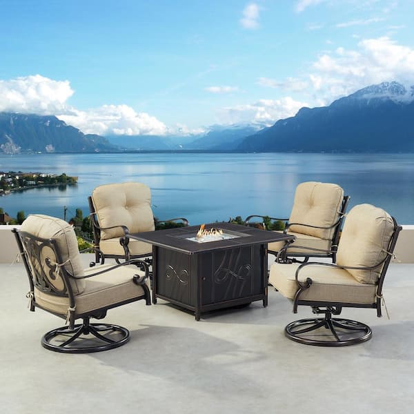 Oakland Living Black Aluminum Fire Table Set with 4-Club Chairs