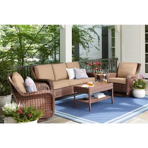 Cambridge Brown Wicker Outdoor Patio Sofa with Sunbrella Beige Tan Cushions