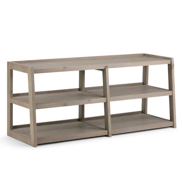 Simpli Home Sawhorse Solid Wood Wide TV Media Stand in Distressed Grey for TVs Upto 65 in.