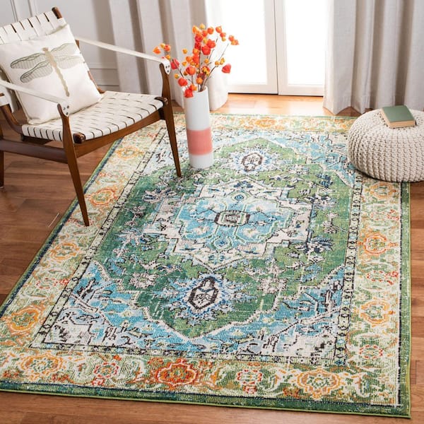 Monaco Green/Turquoise 8 ft. x 10 ft. Border Floral Area Rug