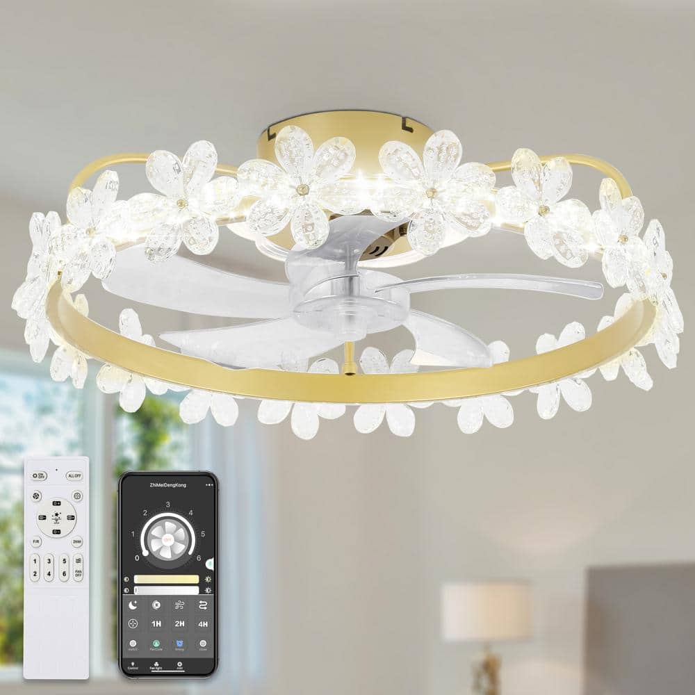 21 in. LED Indoor White Crystal Low Profile 6-Speed Reversible Flush Mount Ceiling Fan with Dimmable Light and Remote -  Bella Depot, DC2202