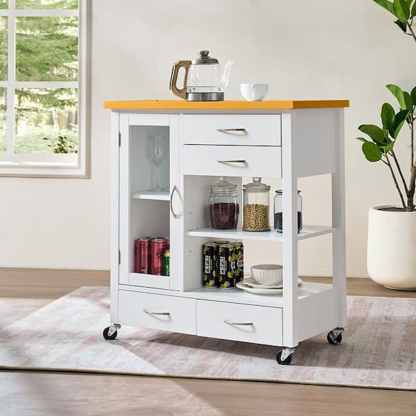 Carmina White Oak Wood Kitchen Cart with Glass Door, 4-Drawers, Lockable Wheels, Open Shelves
