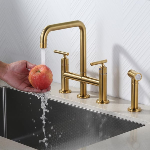 Double Handle Brass Bridge Kitchen Faucet, Deck Mount Kitchen Sink Faucet with Side Sprayer in Brushed Gold
