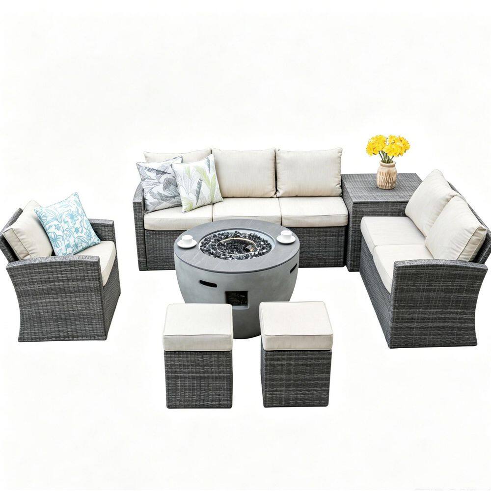 Gray 7-Piece Wicker Patio Conversation Set with Cushions, Fire Pit Table and Storage Box price history on PriceWatchPro