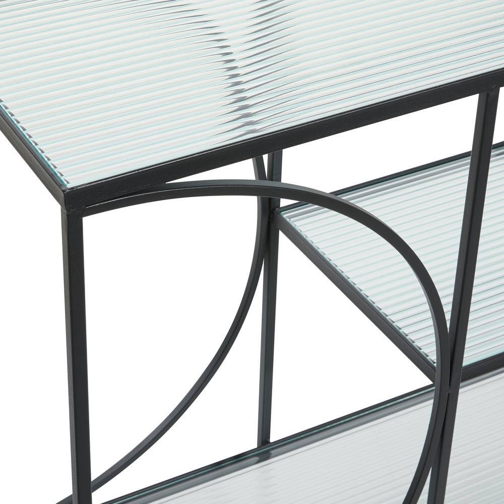 Black Metal and Glass Industrial Console Table with Storage Shelves