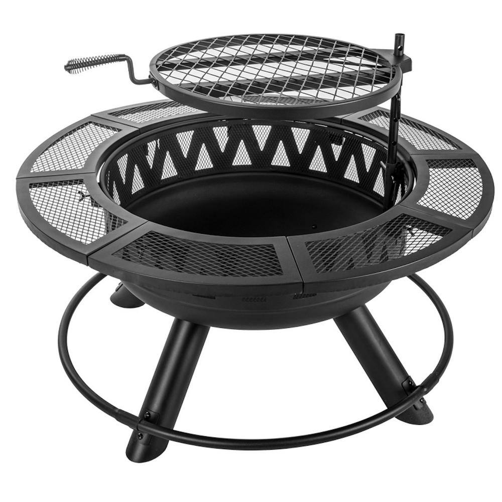 36 in. Outdoor Round Metal Wood Burning Charcoal Grill in Black with ...