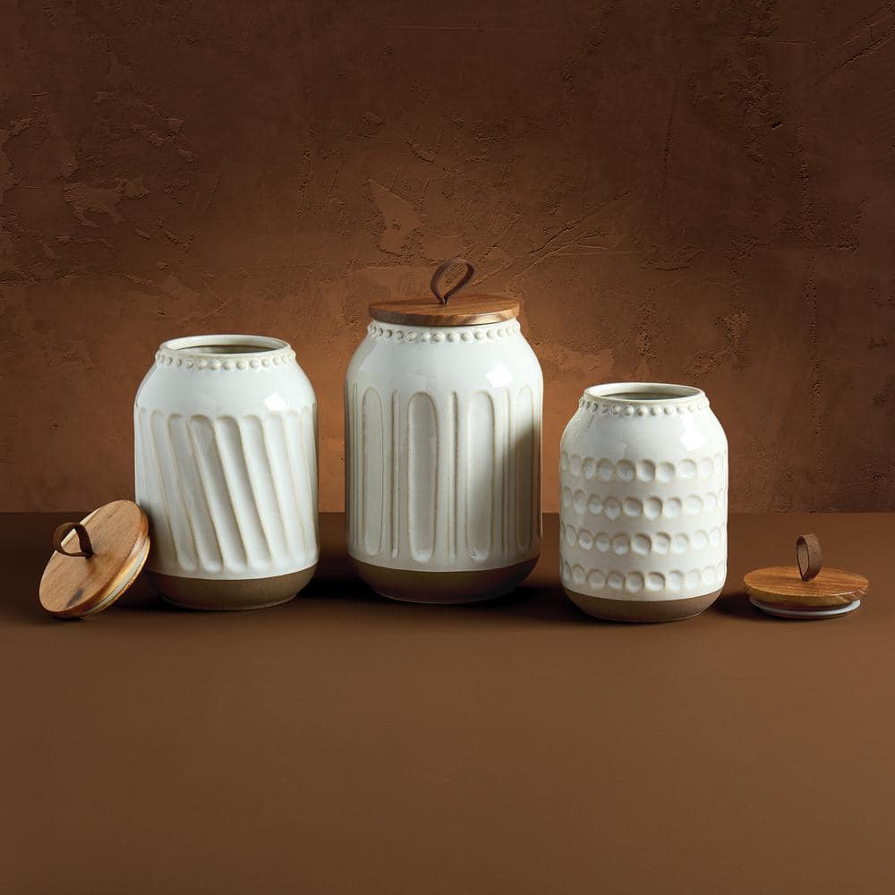 Embossed White Ceramic Canister Set with Acacia Wood Lids, 3 Piece