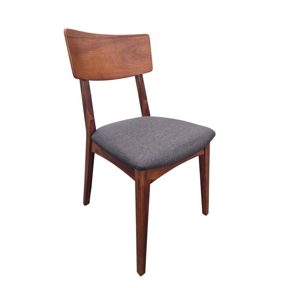 Three-quarter front view of a dark brown dining chair with a gray upholstered seat.