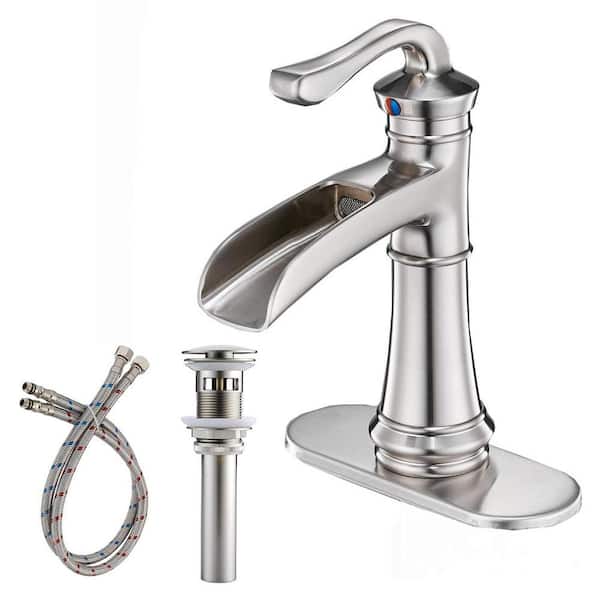 FLG Single Handle Single Hole Waterfall Bathroom Faucet with Pop-up Drain Assembly and Deckplate Included in Brushed Nickel