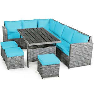 7-Piece PE Wicker Steel Outdoor Sectional Sofa Set with Turquoise Cushions and Ottomans