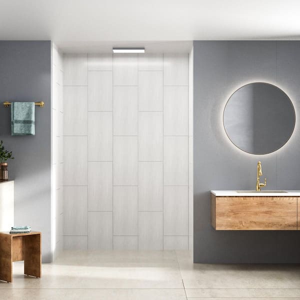 32 in. L x 60 in. W x 96 in. H Solid Surface 3-Piece Glue Up Alcove Shower Wall Surround in Striped Bricks