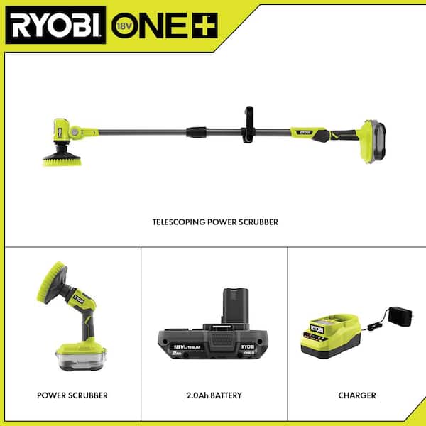 ONE+ 18V Cordless Telescoping and Compact Power Scrubber Kit with 2.0 Ah Battery and Charger