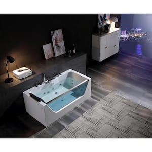 59 in. Acrylic Center Drain Rectangular Alcove Whirlpool Bathtub with LED Lights in White
