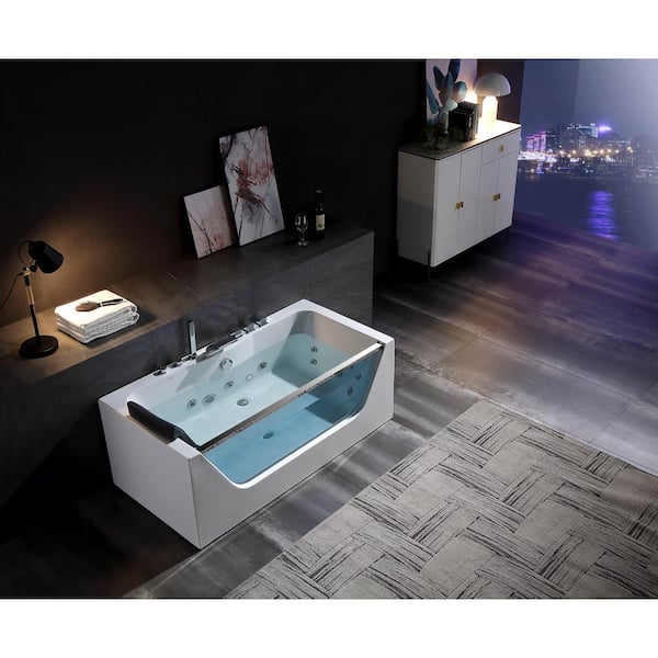 59 in. Acrylic Center Drain Rectangular Alcove Whirlpool Bathtub with LED Lights in White