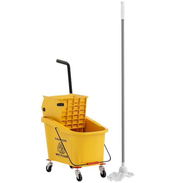 Mop Bucket with Wringer on Wheels for Floor Cleaning, 38 Quart Down Press Wringer with Handle, Yellow