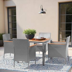 5-Piece Acacia Wood and Gray Wicker Outdoor Dining Set with Beige Cushions