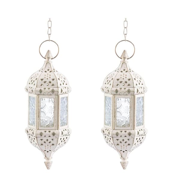 9.5 in. x 3.5 in. White Metal Moroccan Hanging Lantern without Candle, Set of 2