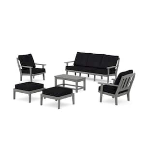 Cape Cod 6-Piece Plastic Lounge Sofa Set in Stepping Stone/Midnight Linen Cushions