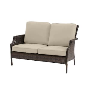 Grayson Brown Wicker Outdoor Patio Loveseat with CushionGuard Putty Tan Cushions