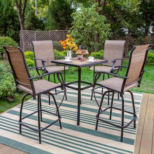 Black 5-Piece Metal Square Outdoor Patio Bar Set with Wood-Look Bar Table and Swivel Bistro Chairs