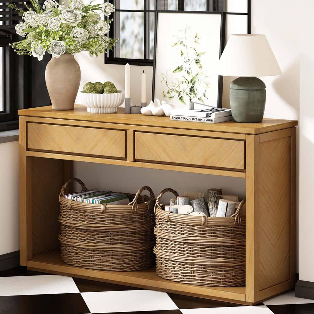55 in. Natural Rectangle MDF Rustic Console Table Hallway Table Foyer Table