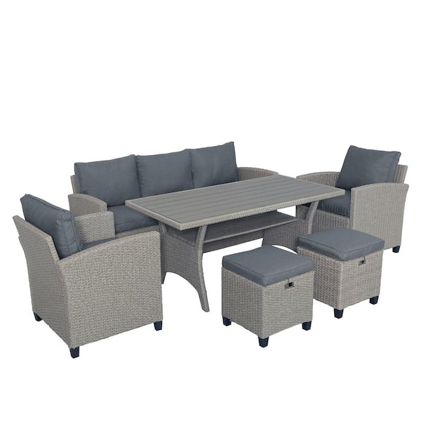 Unbranded Gray 6-Piece Metal Wicker Outdoor Sectional Set with Gray Cushions