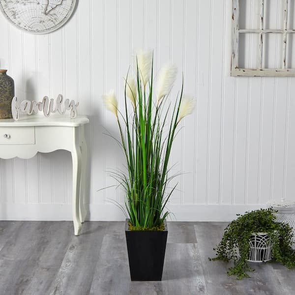 Nearly Natural 4.5-ft Wheat Plume Grass Artificial Plant in Black Metal Planter