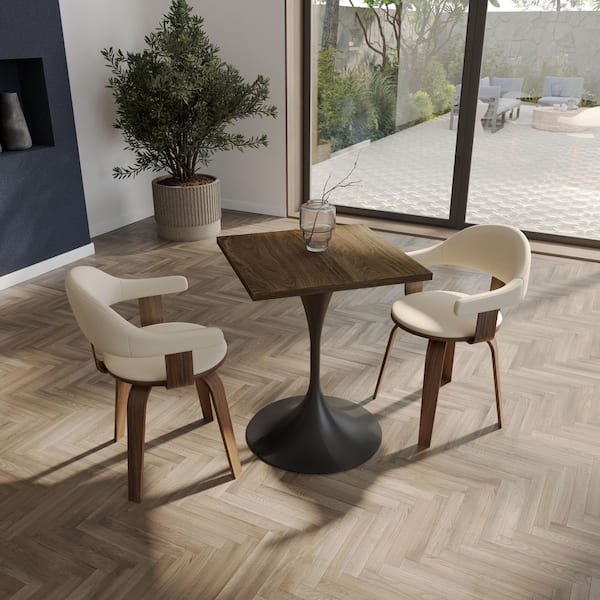 Verve 24 in. Wide Square Dining Table MDF Tabletop and Black Stainless Steel Base Modern Kitchen Table in Dark Maple