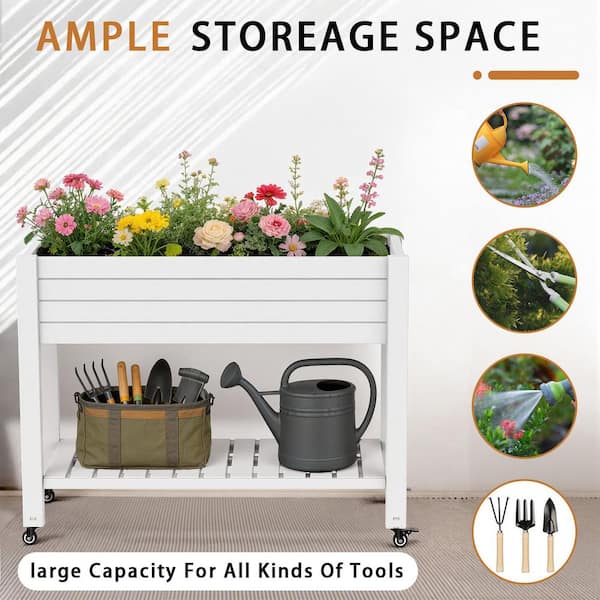 Unbranded Plastic White Plant Reinforced Large Planter Box with Wheels and  Storage Shelf (43.31 in. H x 17.72 in. x 33.66 in.) 458B-white