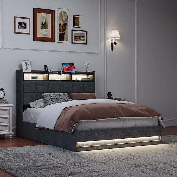 Upholstered Storage Bed Gray Metal Frame Queen Platform Bed with Lighted Headboard, USB Ports and Shelves