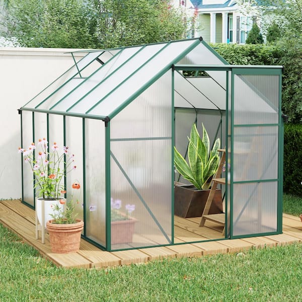 6 ft. W x 10 ft. D, Single Sliding Door Polycarbonate Greenhouse Raised Base and Anchor Aluminum, in Green